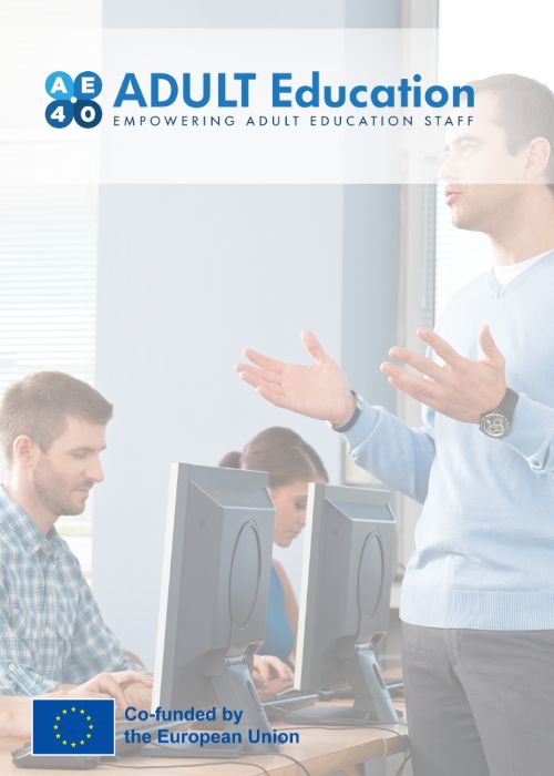 Adult Education Logo mit Mitarbeitern im Hintergrund